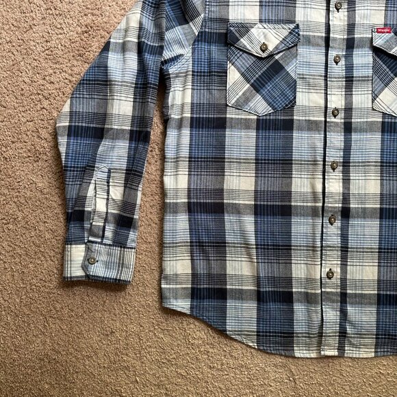 Wrangler Shirt Mens XL Button Up Long Sleeve Spread Collar Blue Plaid Pockets - Picture 6 of 12